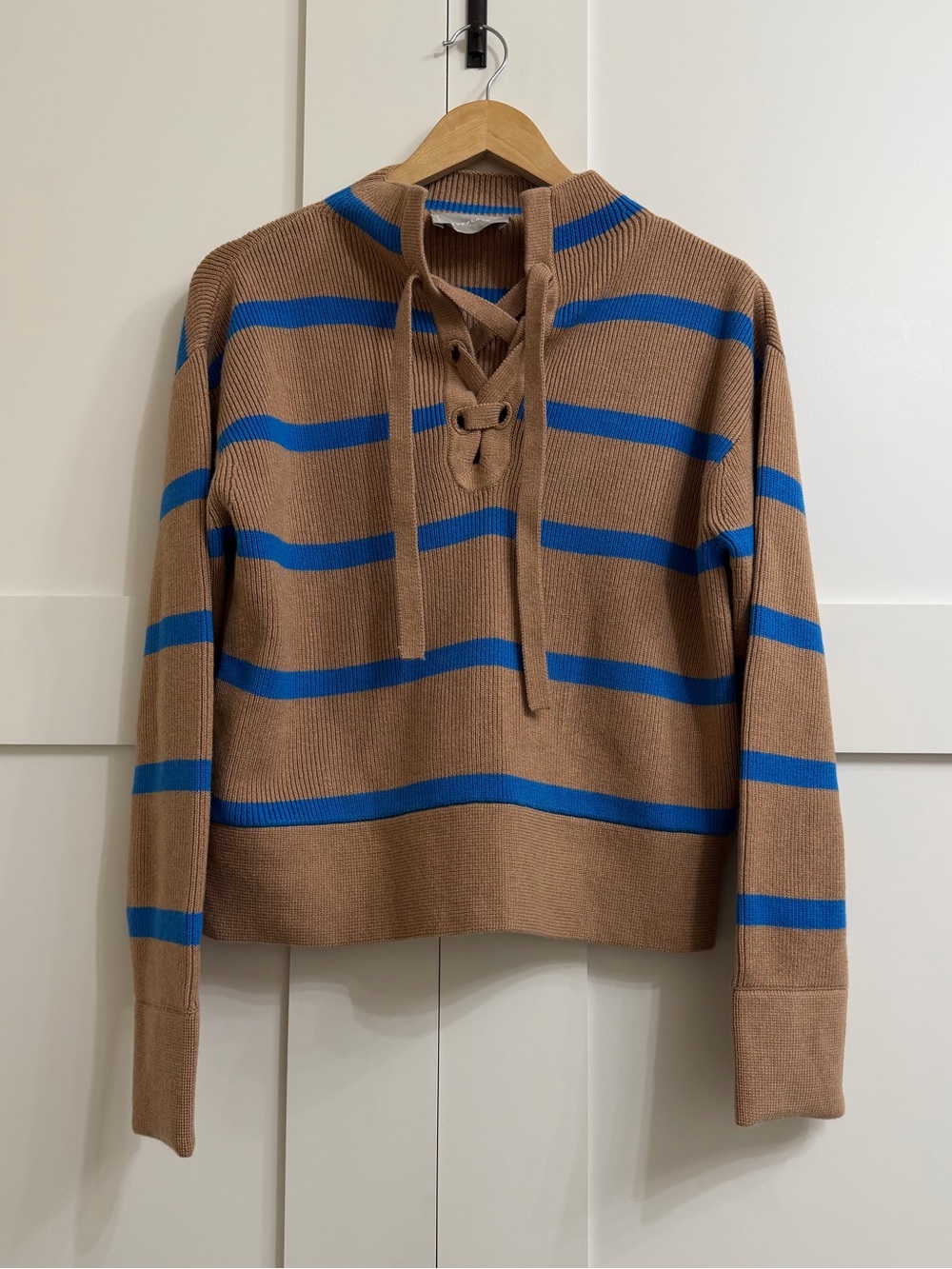 Everlane The Lace Up Smock Sweater in Chestnut / Blue, size XS
